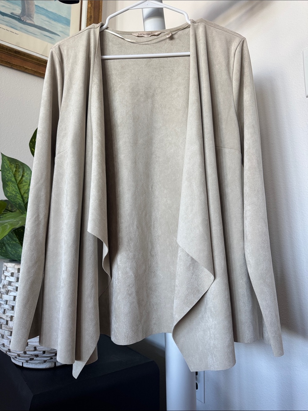 Soft Surroundings Faux Suede Open front Draped Cardigan/Jacket Sz M Beige Tan